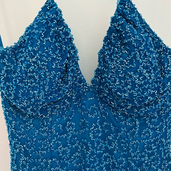 Scala Turquoise Blue Beaded Halter Neck Double Split Formal Gown - Picture 9 of 16